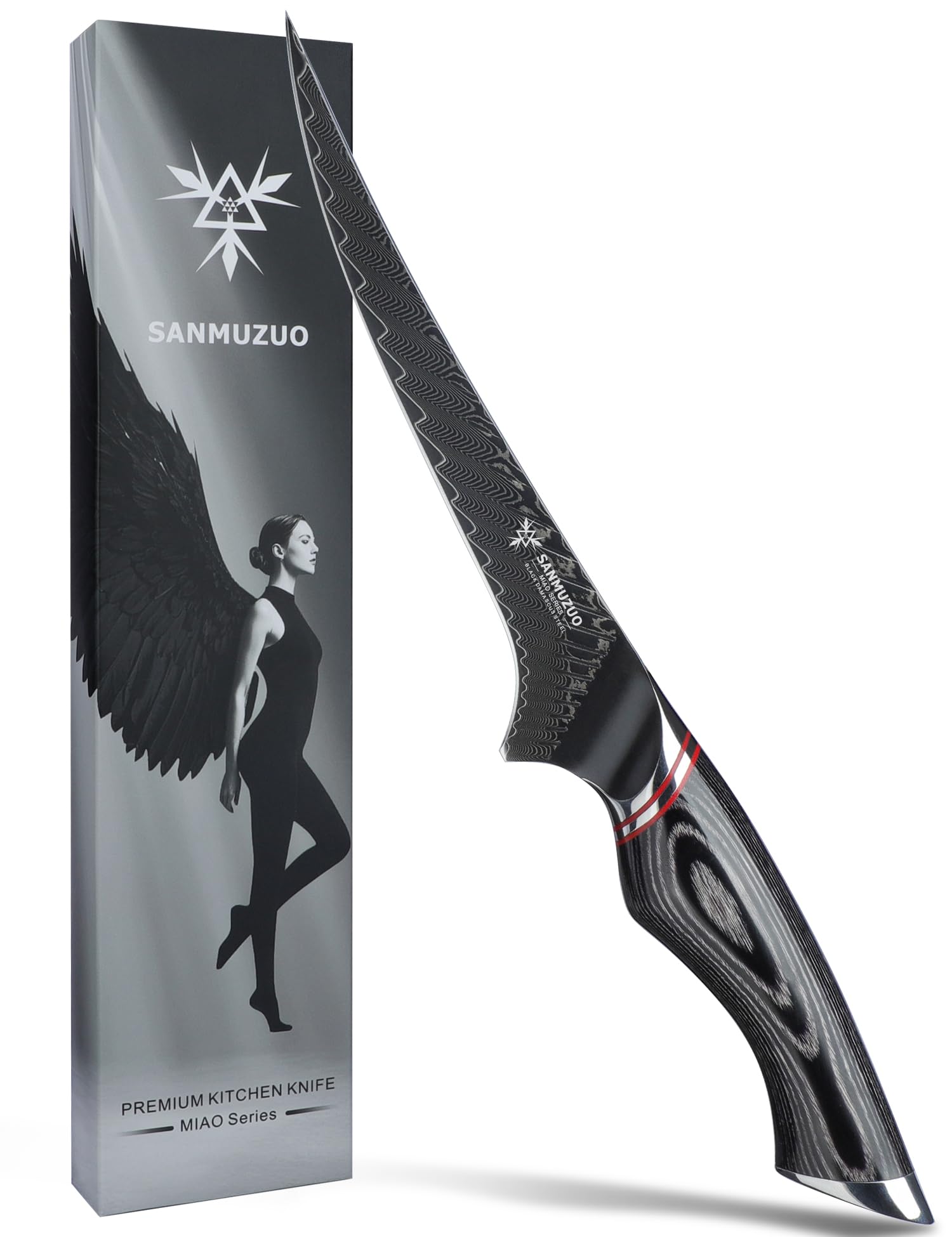 Coltello da filetto da 18 CM - Coltello da disosso da cucina professionale - Acciaio Damasco nero con Manico ergonomico - Serie MIAO