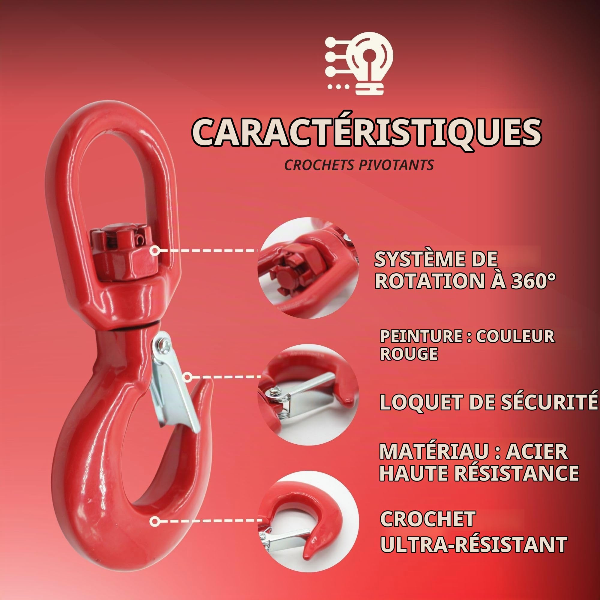 DOJA Barcelona Crochet Pivotant - Ergonomique - Mouvement Giratoire 360° - Capacité De 1,12 Tonnes - Acier Résistant À La Corrosion - Grue pour Crochet De Levage et Crochet à Œil