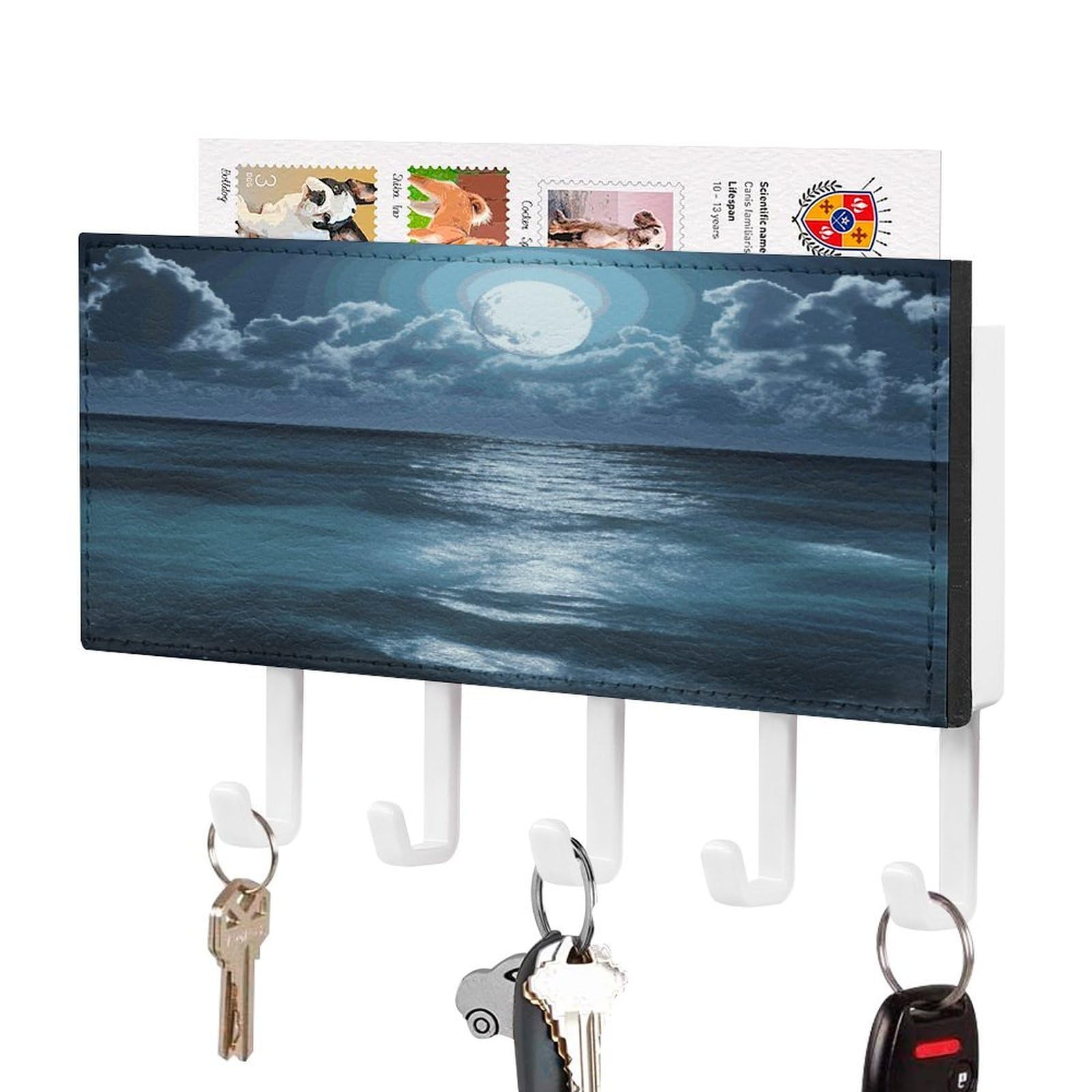 Fekiloot White-Style Sea And Moon Key Holder Wall Mount Key And Mail Holder Key Hanger With 5 Hooks Decorative Pu Key Rack Hanging Key Hooks For Wall Living Room Kitchen Bathroom Hallway