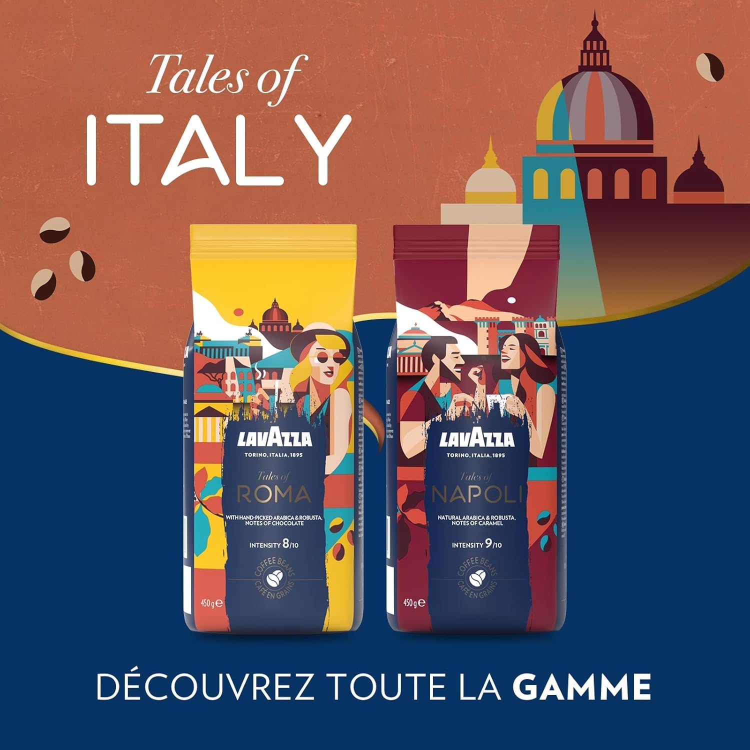 Lavazza - Lot de 2,7Kg Tales of Napoli - 6x450g - Pour les Machines à Café Automatiques, Notes de Cacao et de Caramel, Arabica et Robusta, Intensité 9/10, Torréfaction Foncée