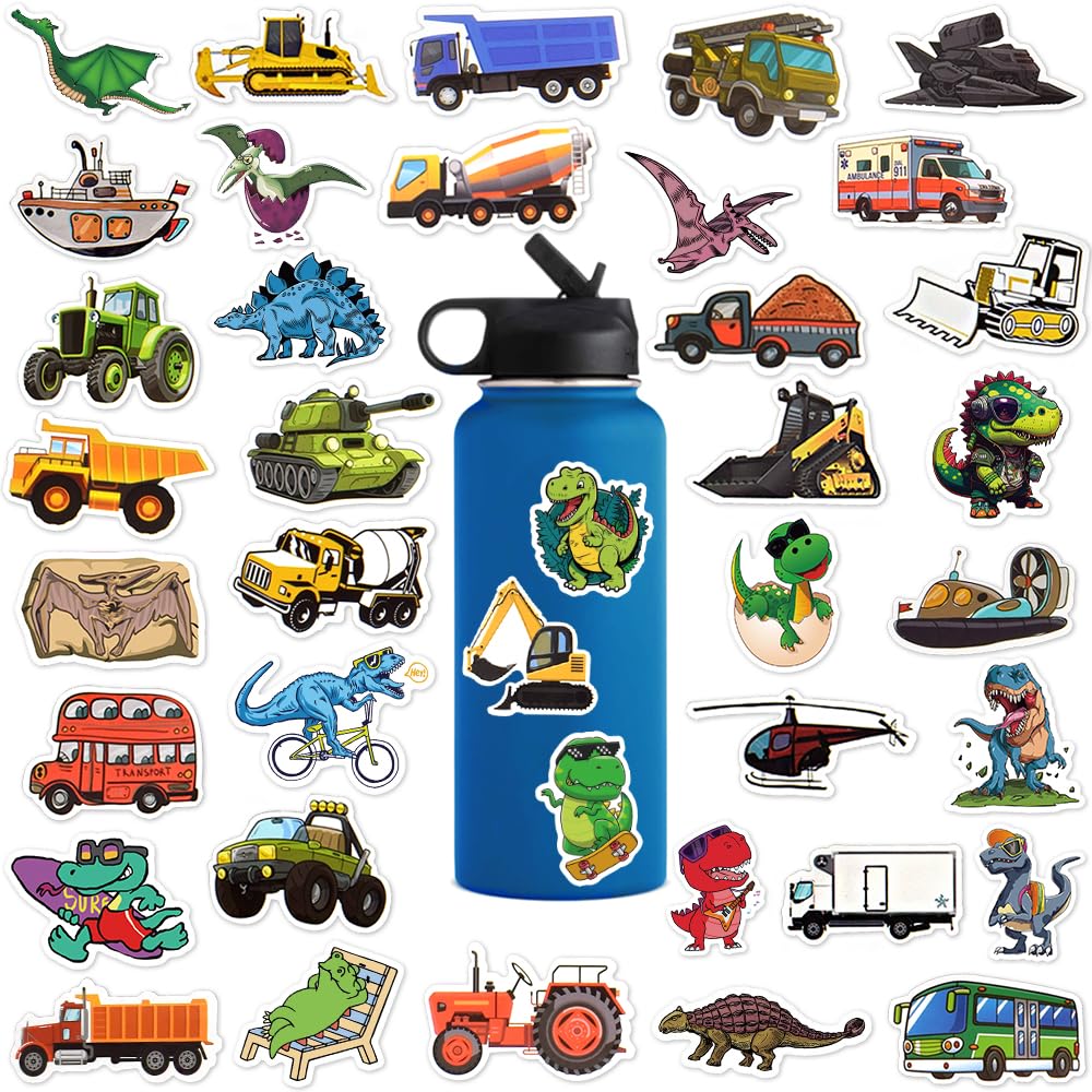 100 Pcs Cartoon Dinosaur,Truck Stickers for Water Bottles, Waterproof Vinyl Cool Stickers for Scrapbook, Laptops, Decorative Decals for Kids, Boys