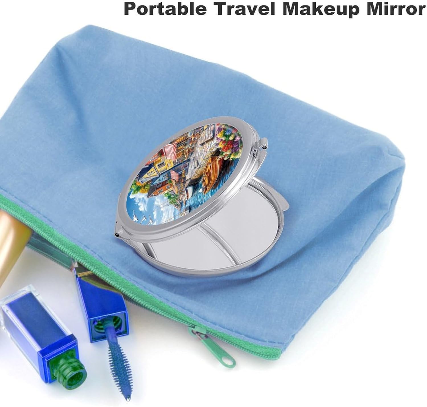 Colorful Coastal Town Compact Makeup Mirror Mini Foldable Cosmetic Mirror Portable Travel Mirror for Purse Pocket