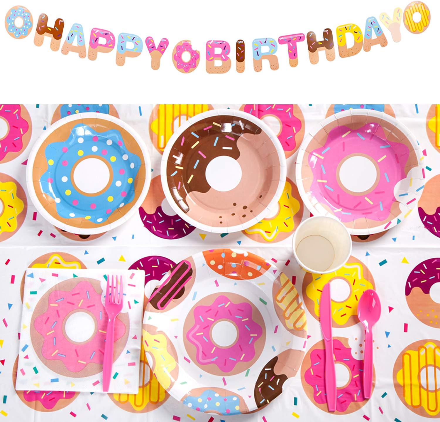 Donut Birthday Party Supplies, Serves 16, Includes Plates, Cups, Napkins, Cutlery, Banner and Tablecloth, for Donut Themed Baby Birthday Decoration, Disposable Tableware Party Pack for Girls and Boys : Home & Kitchen