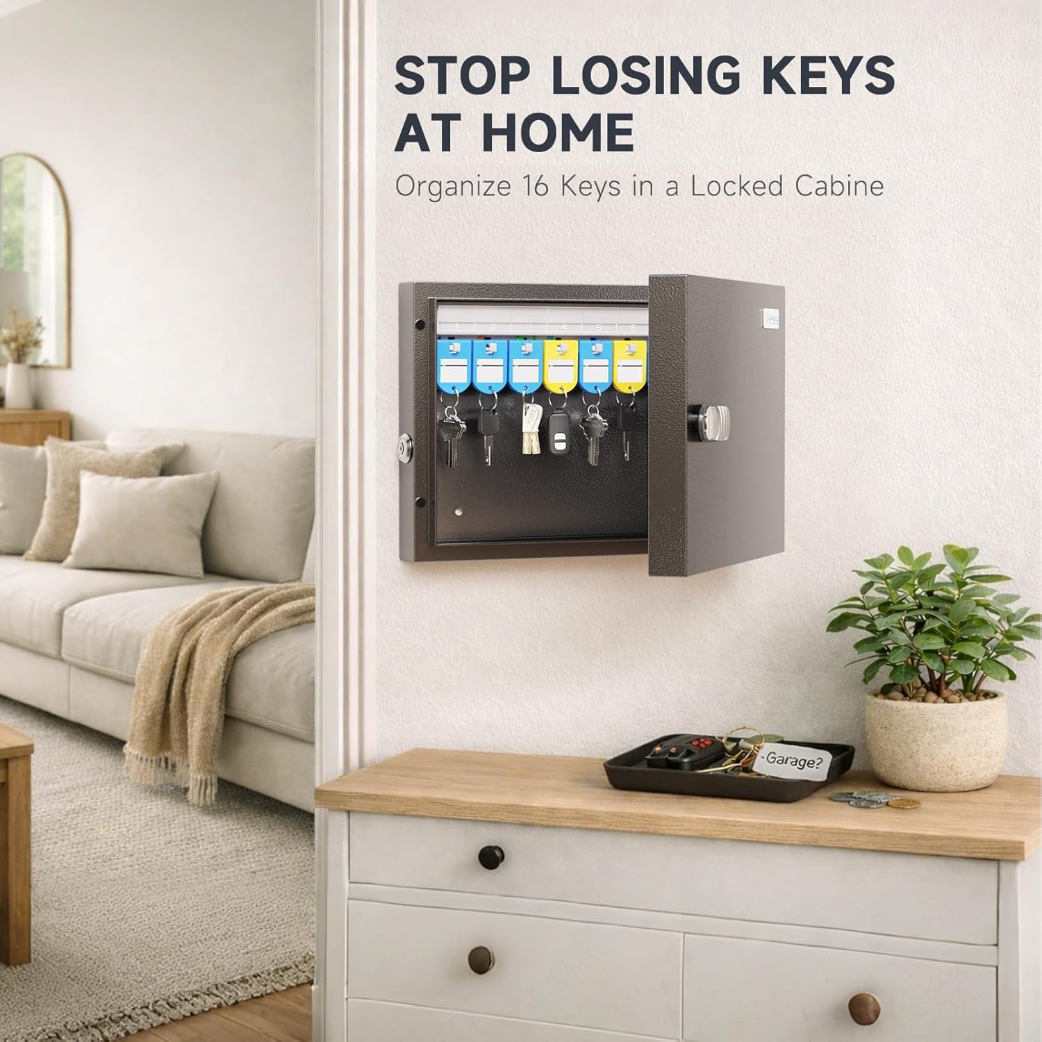WeHere 16 Key Lock Box - Wall Mounted Key Cabinet with 3-Digit Combination Lock & Backup Key, Key Organizer Lockbox for Home, Office, Rental, Property Management, Includes Key Tags