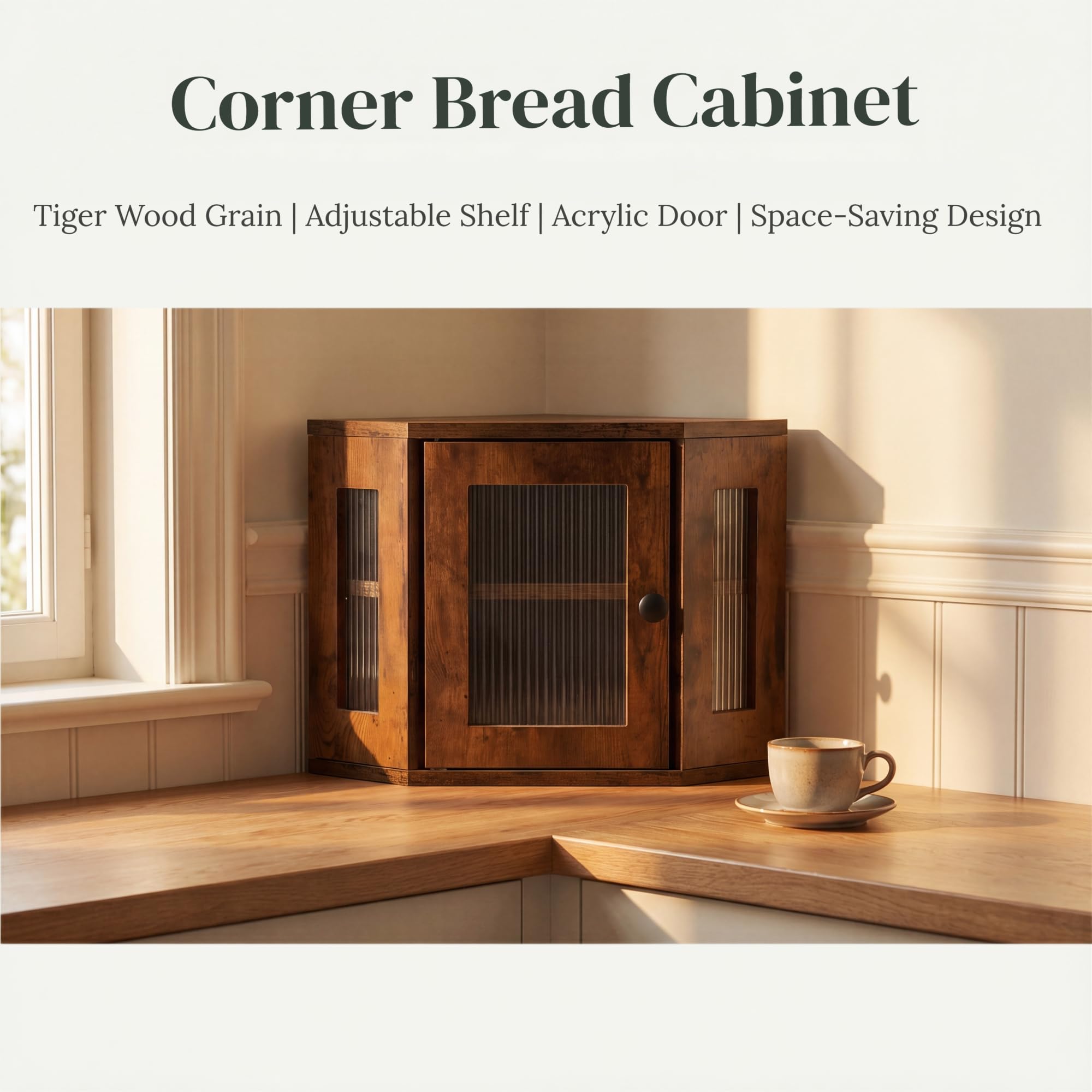 Portapane Angolare 32x32x35cm, Mobile Contenitore Cucina con Mensola Regolabile, Porta Acrilica Trasparente, Finitura Effetto Legno, Risparmio Spazio, Design Rustico Moderno