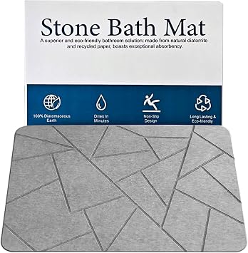 Stone Bath Mat Diatomaceous Earth Shower Mat Non-Slip Super Absorbent Stone Bathroom Mats, Quick Drying Barhroom Floor Mat, Easy to Clean Stone Shower Mat 23.6" X 15.4" Grey
