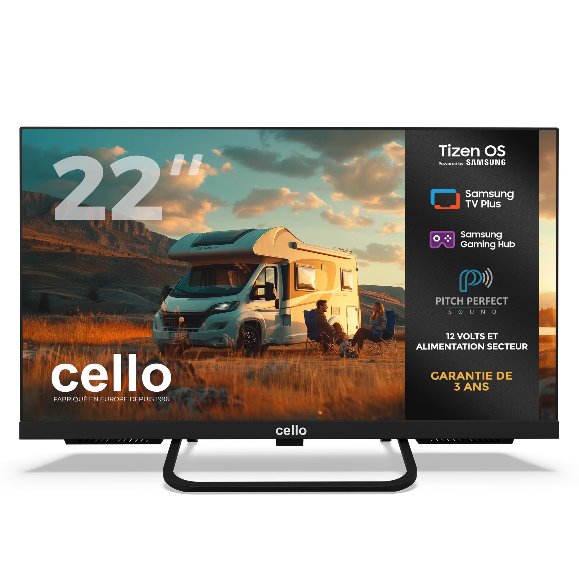 Cello CTRAV-22TZ Smart TV 22 Pouces, 12 V/230 V, Tizen OS de Samsung, Gaming Hub, Bluetooth, Triple Tuner intégré, pour Camping-Car et Bateau