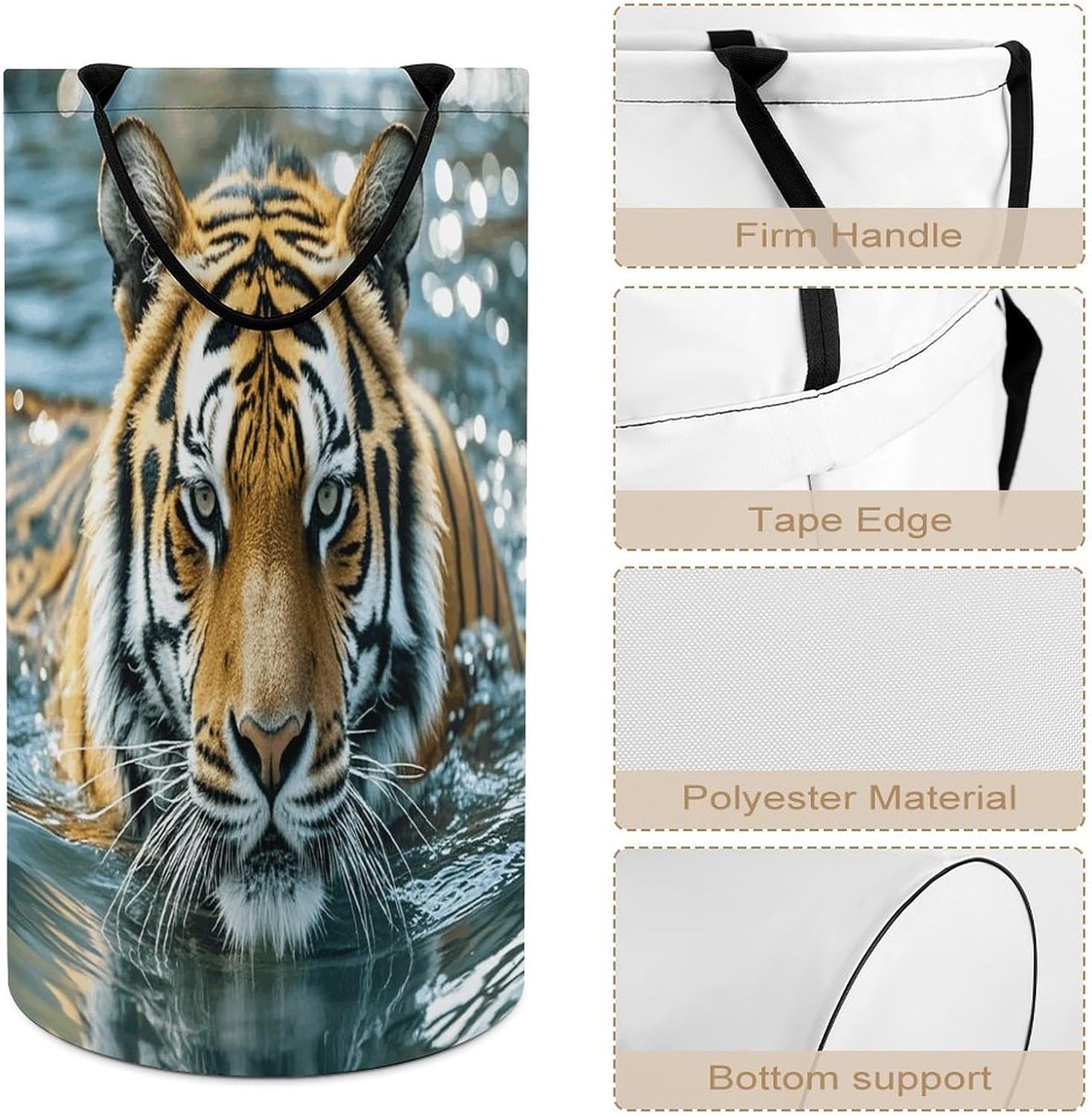 Tiger Swims in The Water Laundry Hamper Large Collapsible Laundry Basket with Handles Waterproof Clothes Hamper Portable Dirty Clothes Basket for Bedroom Laundry Room Closet Bathroom