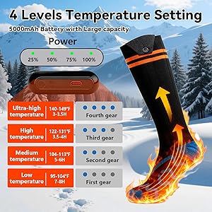 Anycash Heated Socks for Men & Women - 5000mAh Rechargeable Heated Sock, Electric Heated Socks with 4 Heating Levels, Machine Washable for Hunting, Camping, Hiking, Cycling, Outdoor Work