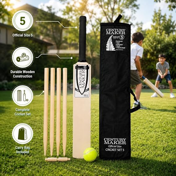 Cricket Set for Kids and Adults - 6 Piece Outdoor Garden Sports Kit with 82cm Lightweight Wooden Size 5 Cricket Bat, 4 Stumps, Tennis Ball, Bail, and Mesh Carry Storage Bag
