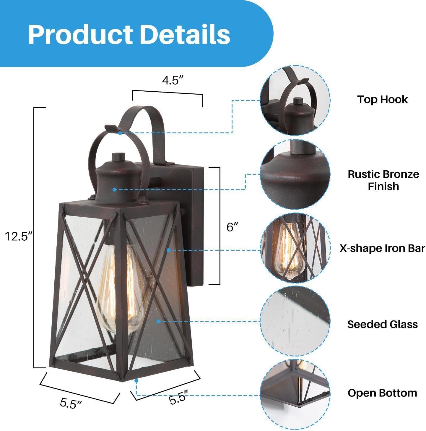 Outdoor Wall Lights, Exterior Wall Sconces Light Fixture with Seeded Glass, Waterproof and Anti-Rust Bronze Lanterns for Front Door, Entry, Porch, Patio, and Gazebo