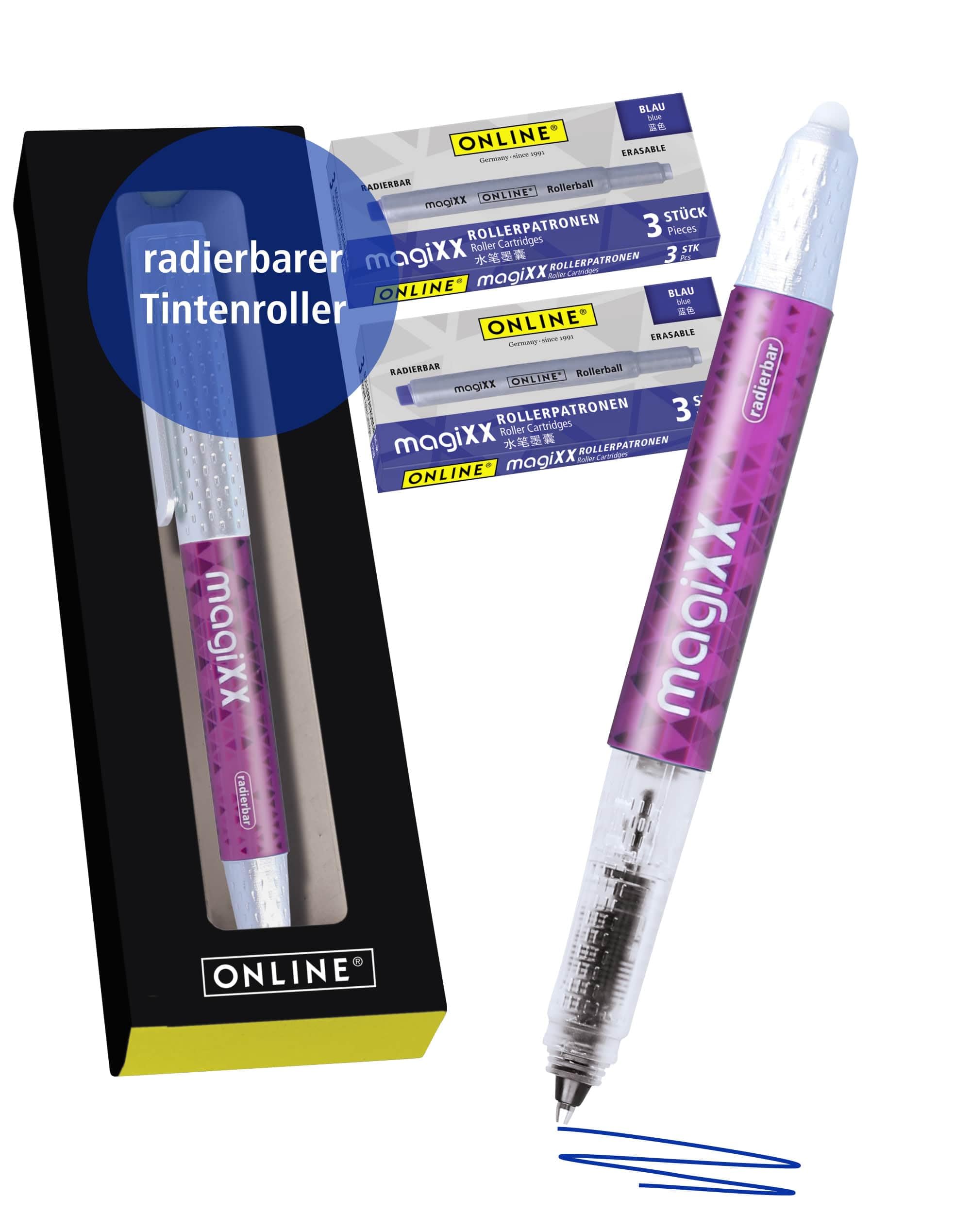 Online magiXX Erasable Rollerball Pen Purple with Ink Cartridges I Rollerball Pen with 0.7 mm Line Width I Includes 7 x Blue Cartridges I Erasable Pen