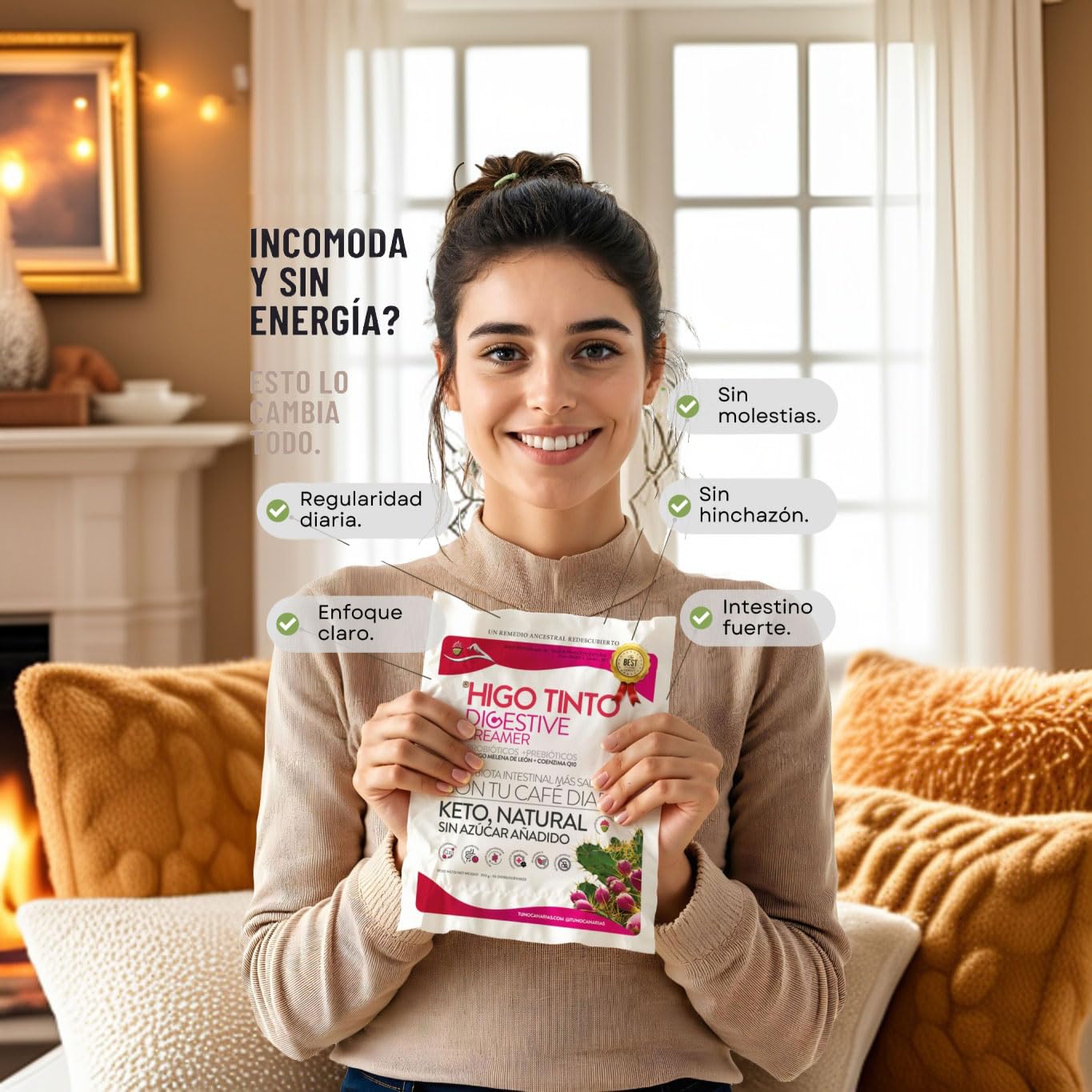 Digestive Creamer Bio Mejora la digestión y el bienestar – Probióticos + Prebióticos + Coenzima Q10 + Hongos funcionales – 300 g – Ideal para café – Sin azúcar – Con HIGO TINTO de Tuno Canarias