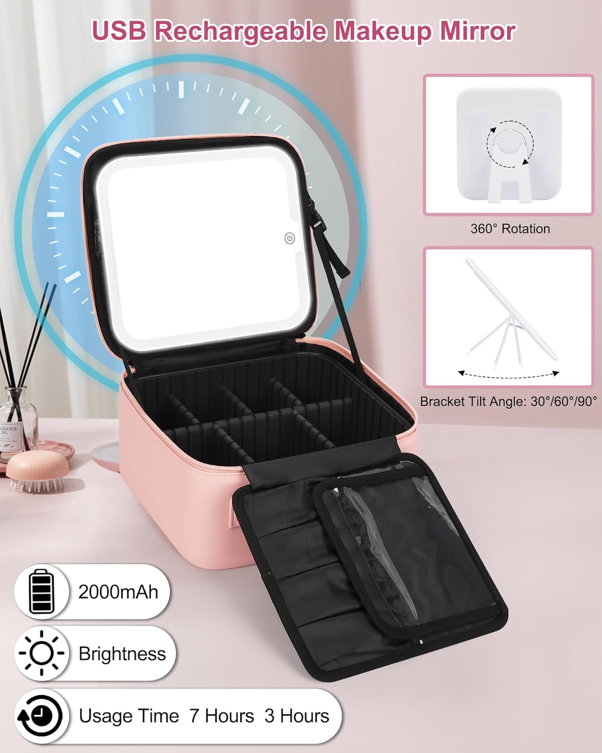 Relavel Initial Makeup Bag with LED Mirror for Women, Personalized Travel Cosmetic Organizer Train Case, Christmas Gifts for Teens Girls Grandkids Graduation Teacher Friends, Trendy Stuff, Pink A - Image 4