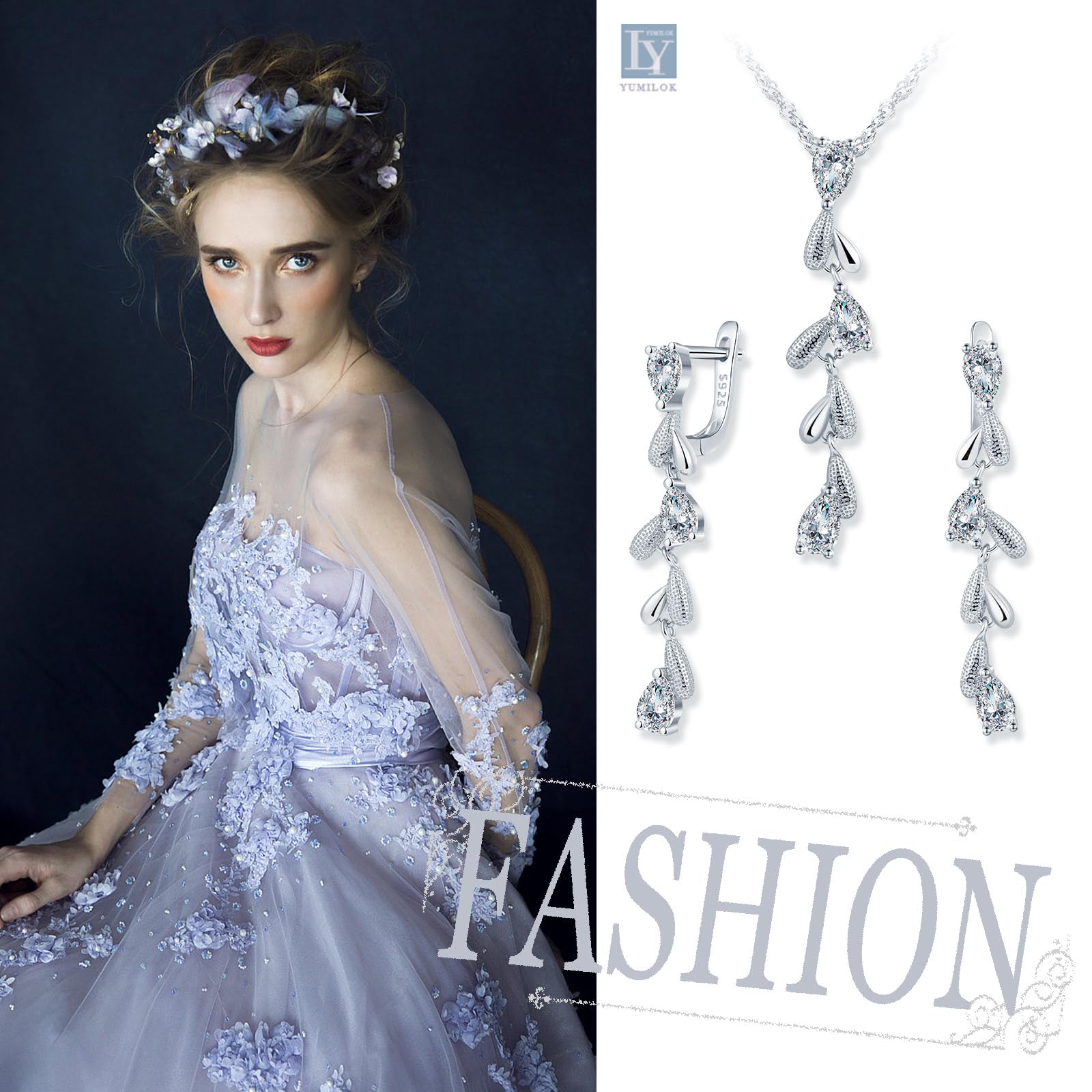 Yumilok Brillante 925 gotas de agua de plata esterlina colgante cadena de Zirconia clavos para los oídos Sra. colgante collar joyería set 925 de plata esterlina