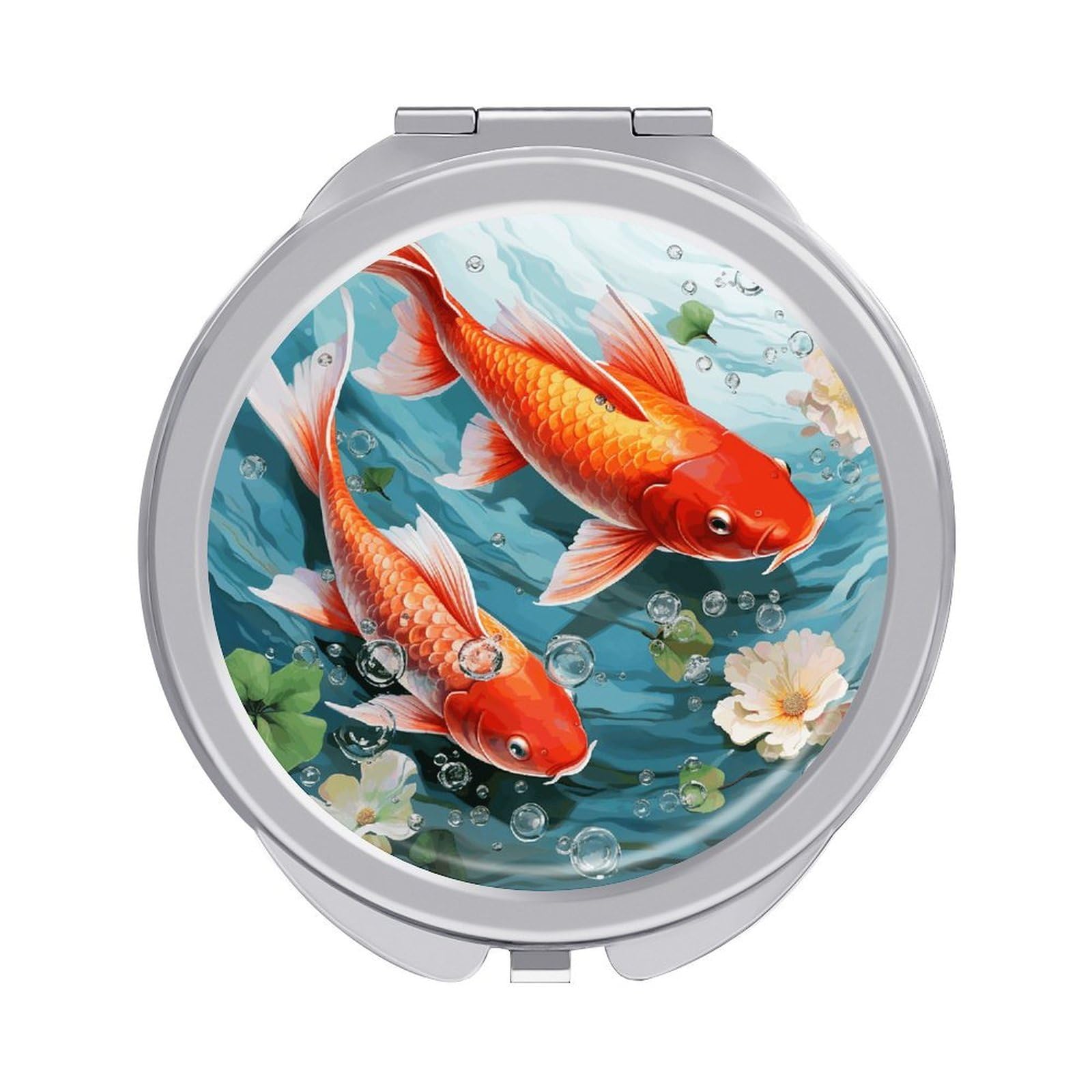 Fekiloot Style Japanese Pretty Red Carp Fish Travel Makeup Mirror Handheld Compact Mirror Portable Pocket Mirror Double-Sided 1X/2X Magnifying For Handbag And Purses