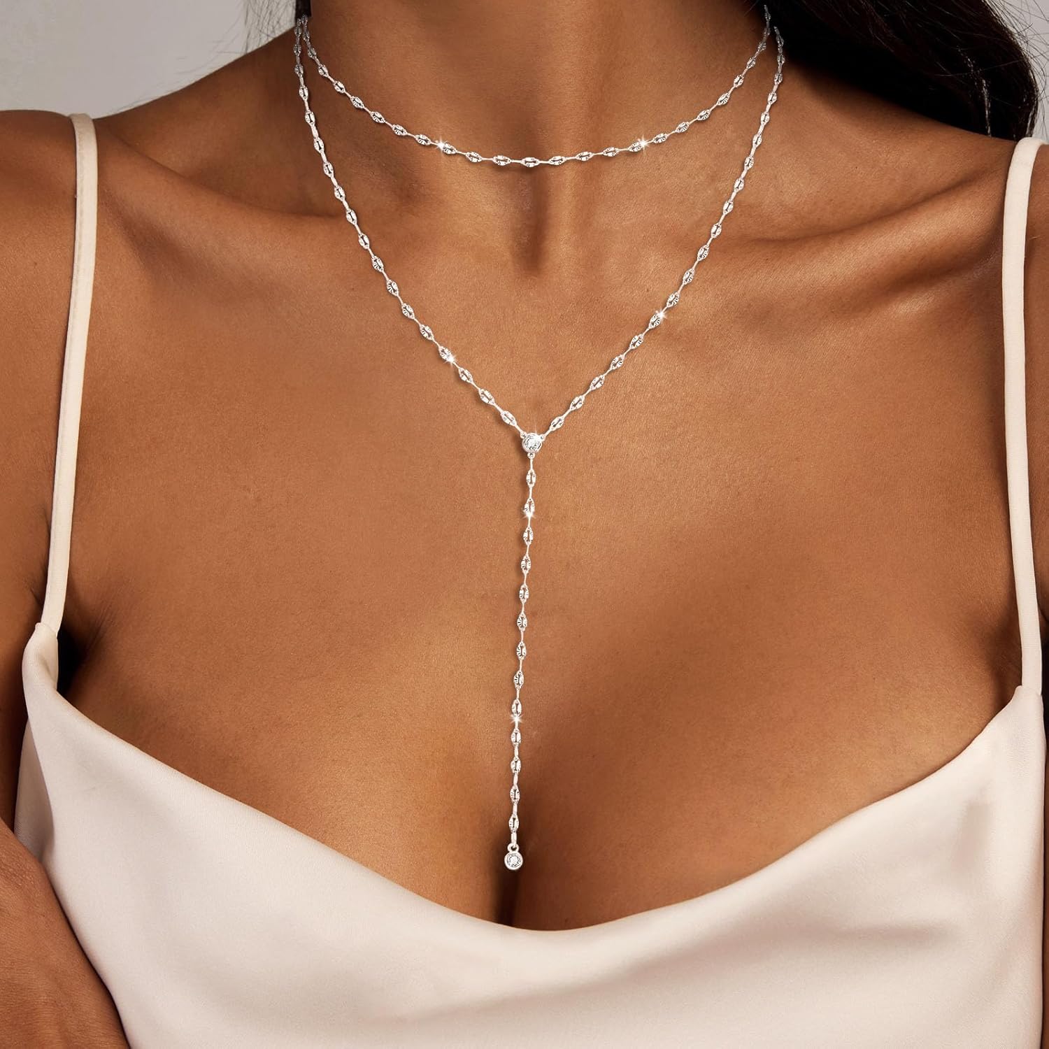 Airmb Lariat Silver/Gold Necklace for Women 925 Silver/14K Gold Plated Dainty Long Necklace Y-Shaped Drop Pendant Necklaces Choker Trendy Chain Simple Layered Necklaces CZ Jewelry for Women Set Gift - Image 4