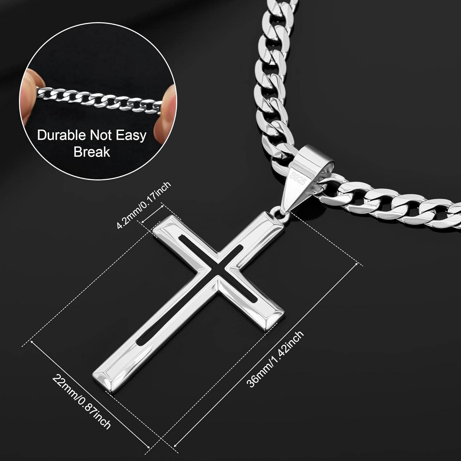 925 Sterling Silver Cross Necklace for Men Women，Black Cross Necklaces with 4.5MM Durable Stainless Steel Cuban Link Curb Chain，18k Gold Over Real Silver Cross Pendant Necklace 16-28 Inches - Image 4