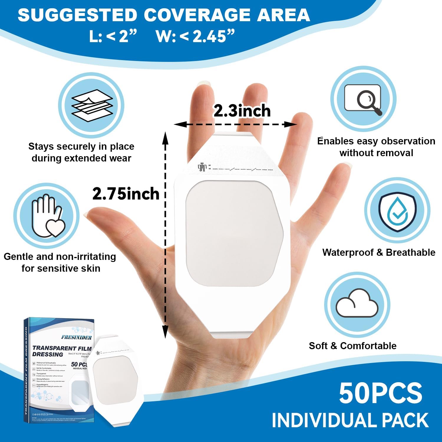 FRESINIDER Transparent Film Dressing 2.3” x 2.75” (50 Pack) – Small Waterproof Shower Bandages, Breathable Clear Wound Cover with Border for IV Shield, Post-Surgery Care & Tattoo Aftercare - Image 2