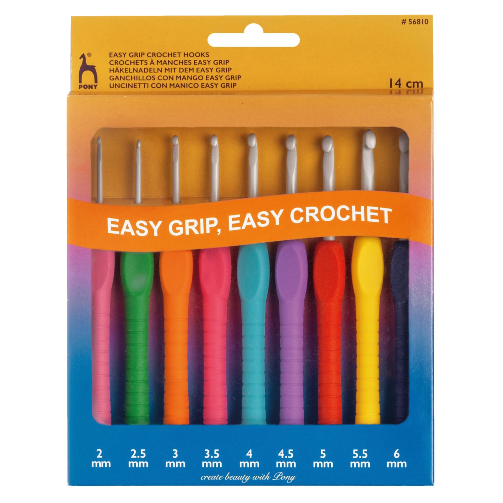 Pony Multicoloured Crochet Hook Set: Easy Grip With Flat Finger: X Sizes 2-6Mm 14Cm
