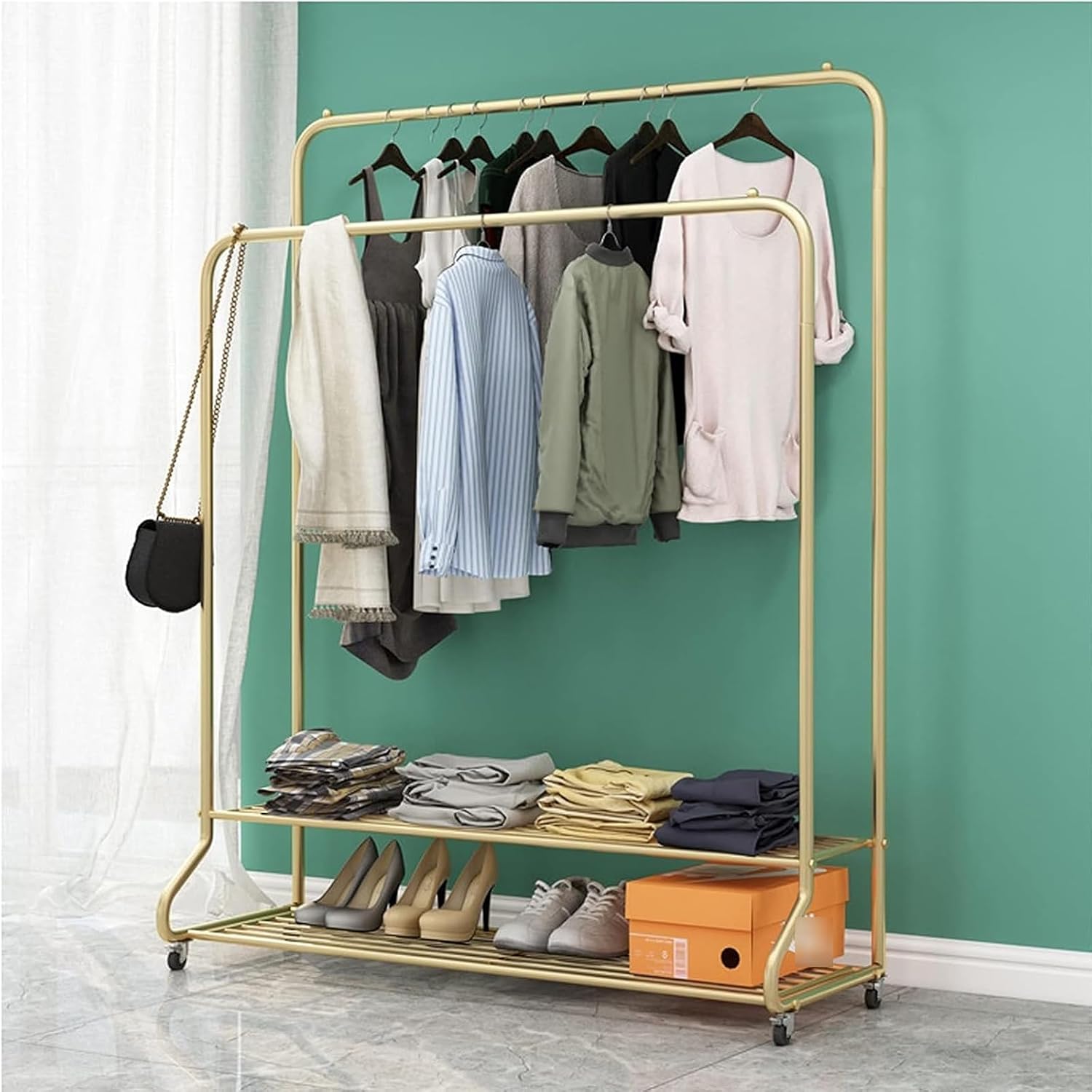 2 Tier Clothes Rail on Wheels, Mobile Clothes Rack Modern Garment Display Stand with 2 Bottom Storage Shelves for Bedroom (White-120cm image 2