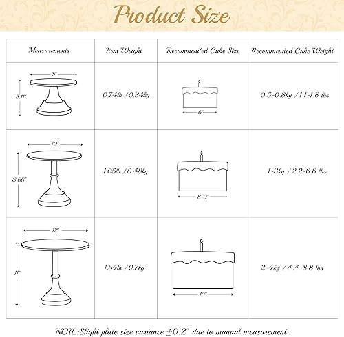 Miniatura 2 de HBlife Juego de 3 soportes dorados para tartas (plato de 8, 10, 12 pulgadas) para pasteles de 6 a 10 pulgadas, soporte perfecto para postres y