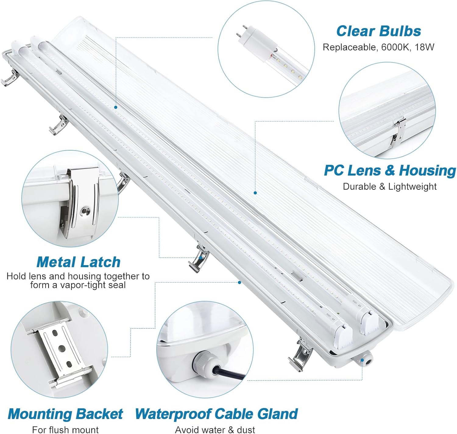 BRILLIHOOD LED Vapor Proof 4ft Light Fixture, 36 Watt, 4000lm, 6000K (Bright White), Clear Cover, IP65 Waterproof 4' Long Overhead Shop Light, Indoor Outdoor Lighting, 4-Pack