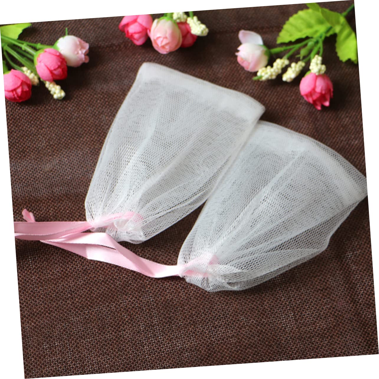 5Pcs Plastic Soap Foaming Net Pouch with Drawstring Buckle