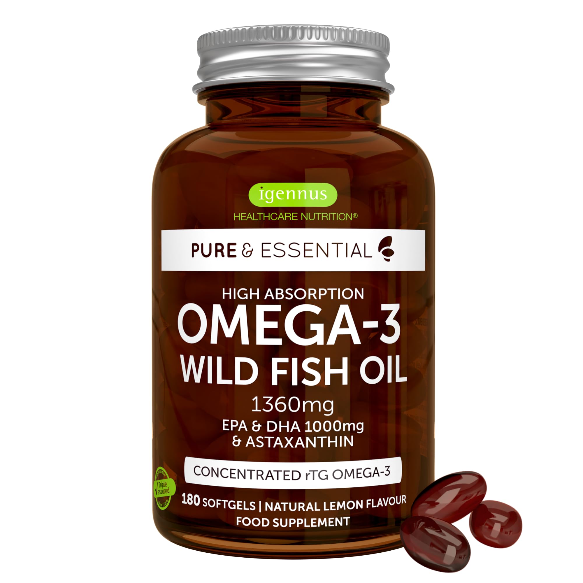 Igennus Omega-3 Wild Fish Oil & Astaxanthin, Highest Grade Triglyceride rTG, 180 Softgels, IFOS Certified Ultra Pure, Omega-3 EPA & DHA Fatty Acids 1000mg, Tested Safe for Mercury, PCBs and Dioxins