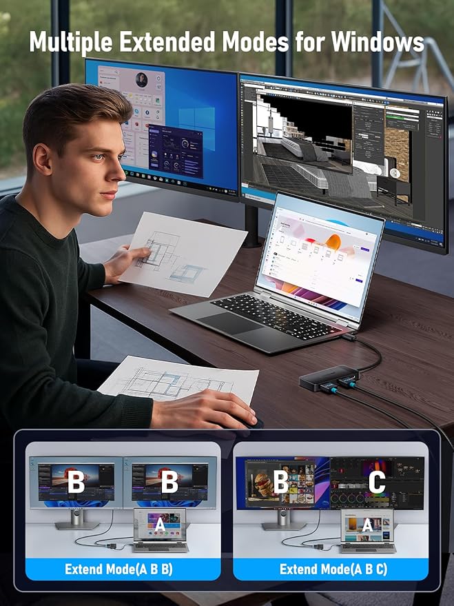 Lemorele Docking Station Dual Monitor, Hub USB C 6 en 1 con 2 HDMI 4K miniatura 6