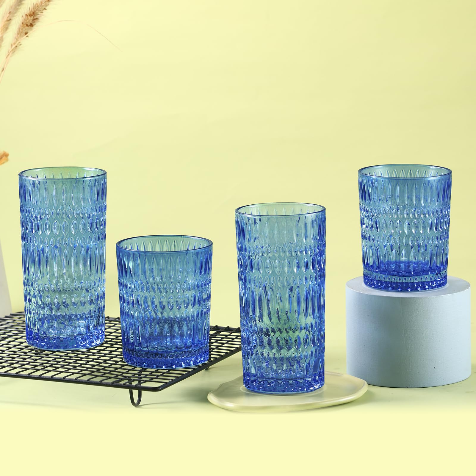 Glassware Trinkgläser Set mit 8 Highball-Gläsern und 284 ml gerippten Glasbechern, Vintage-Glaswaren für Wasser, Saft, Cocktail (Weihnachtsrot)