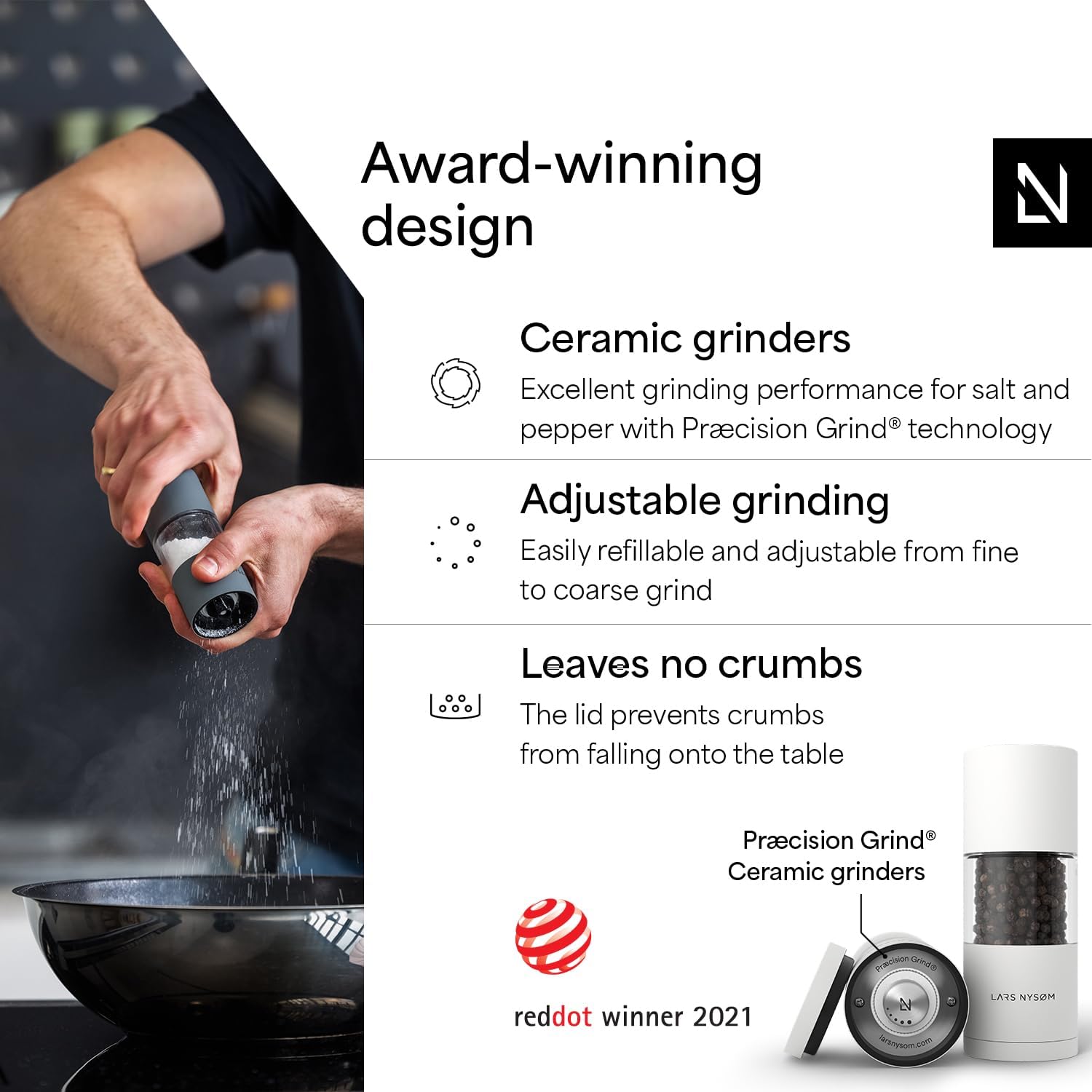 LARS NYSØM Salt and Pepper Grinder Set I Salt and Pepper Mills with Adjustable Ceramic Grinder 2 pieces I Manual Design Spice Mill Set (Pure White)