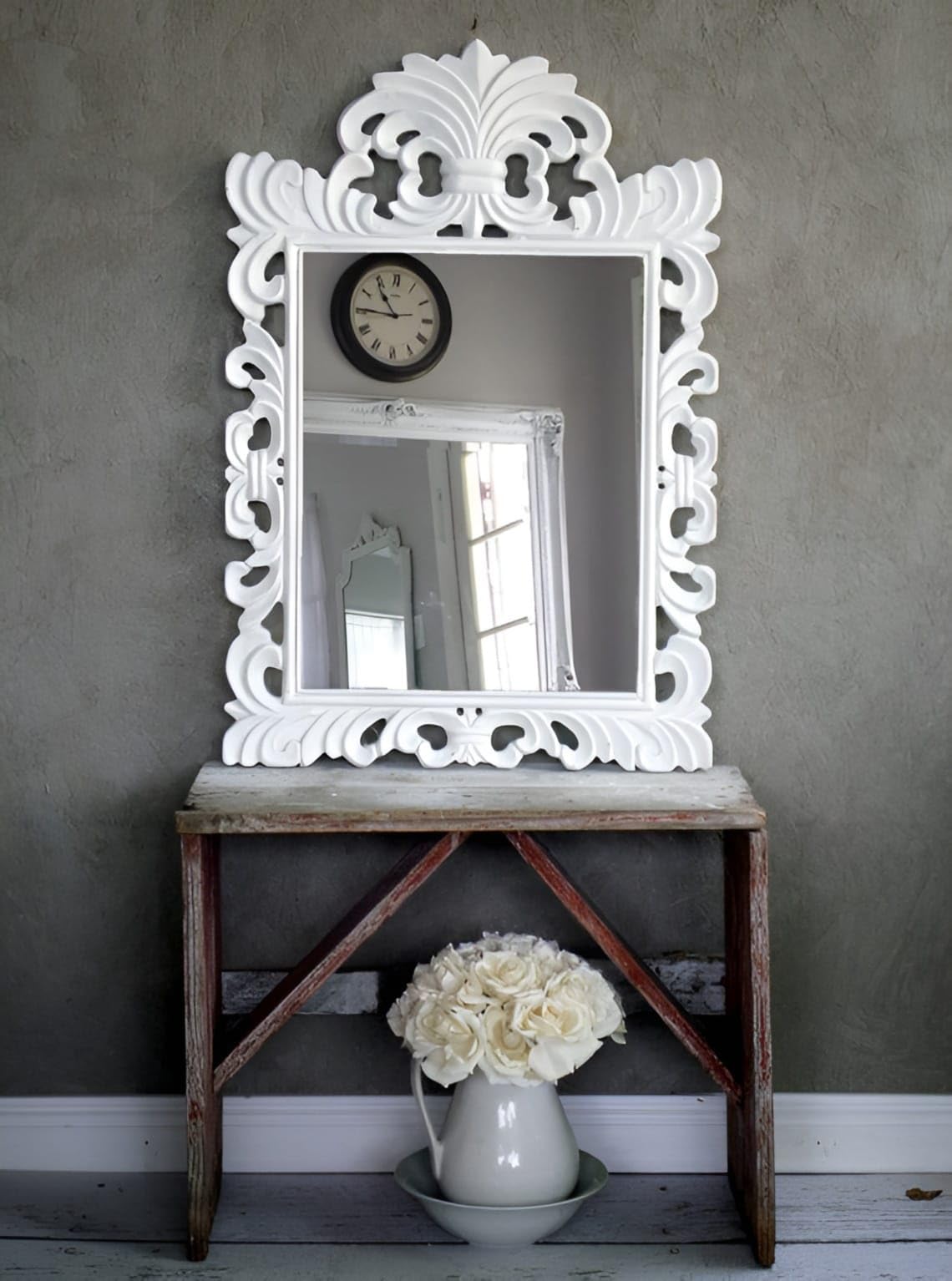 Wall Hanging Wooden Mirror Frame for Home Living Room Bedroom Office Decor, Hand Carving Design Frame, White Color, Size 36x24 Inch, Only Frame Without Mirror-image-31