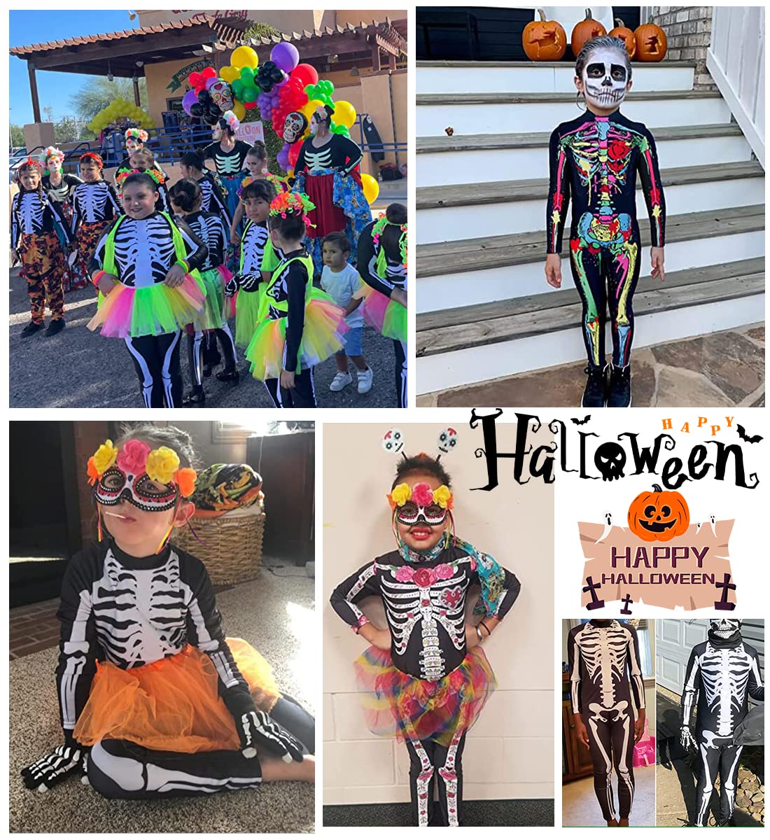 Kids4ever Unisex Bambini Scheletro di Halloween Body Tute Intere con Stampa di Ossa con Cerniera Stretch Fancy Cosplay One Piece per Ragazze Ragazzi 7-14 Anni
