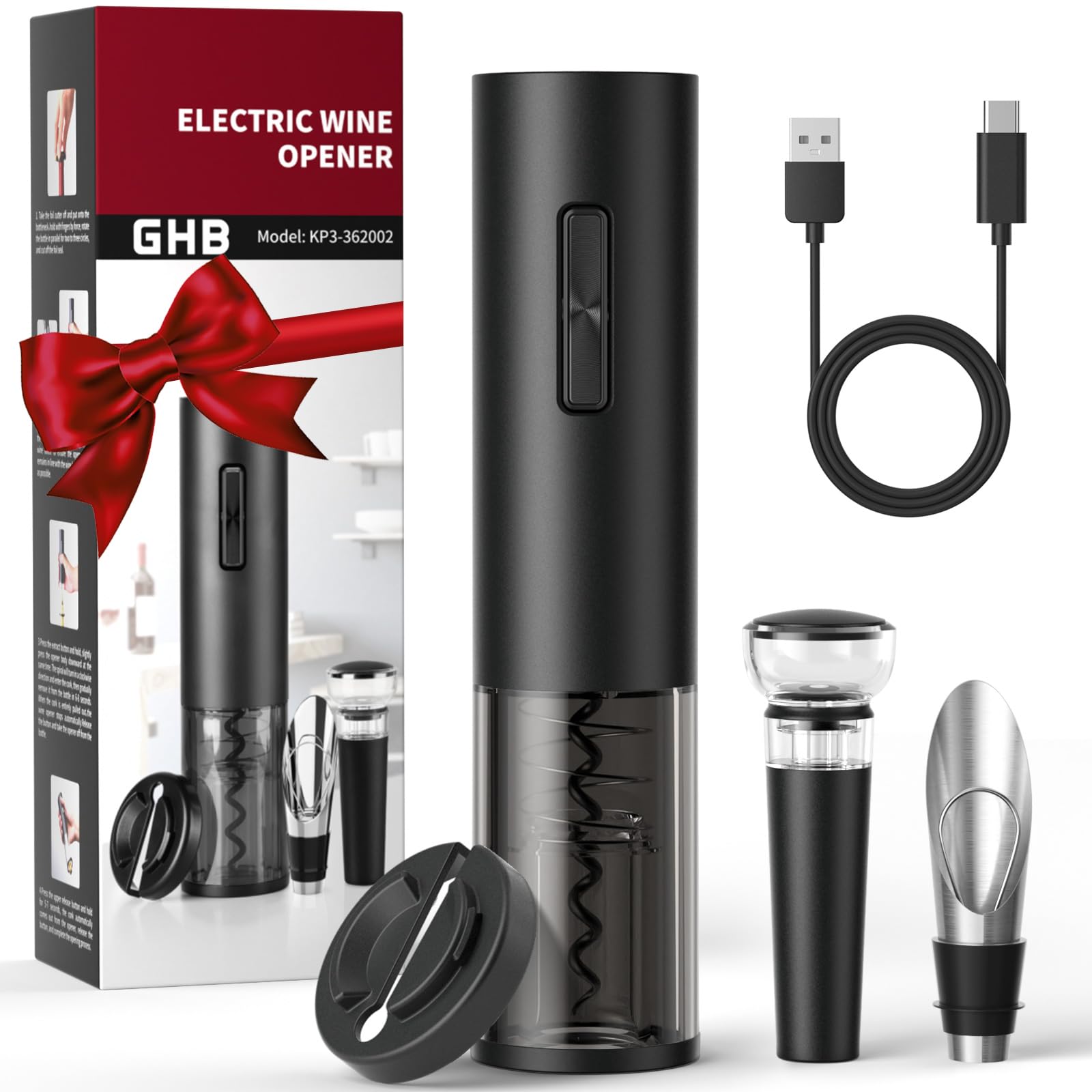 GHB Sacacorchos Eléctrico Abridor de Botellas Recargable con Cortador de Papel/Vertedor/Tapón de Vacío/Aerator/Anillo de Vino