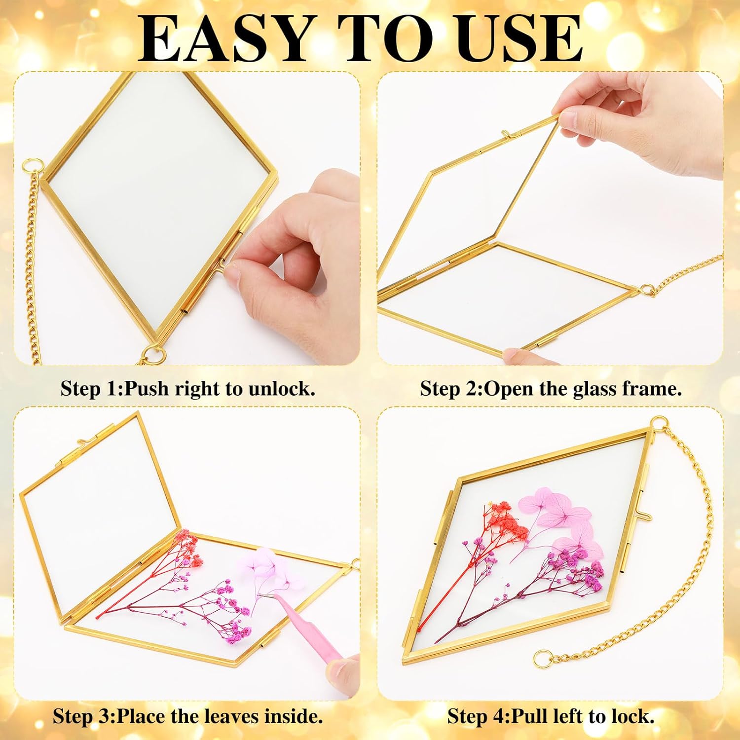 Qunclay 4 Pcs Pressed Flower Frames Rhombus Wall Hanging Floating Double Glass Picture Photo Frames with Metal Chain for Pressed Dried Flowers Plants Photo Small Flat Items Home Decor(Brass,4 Inch)