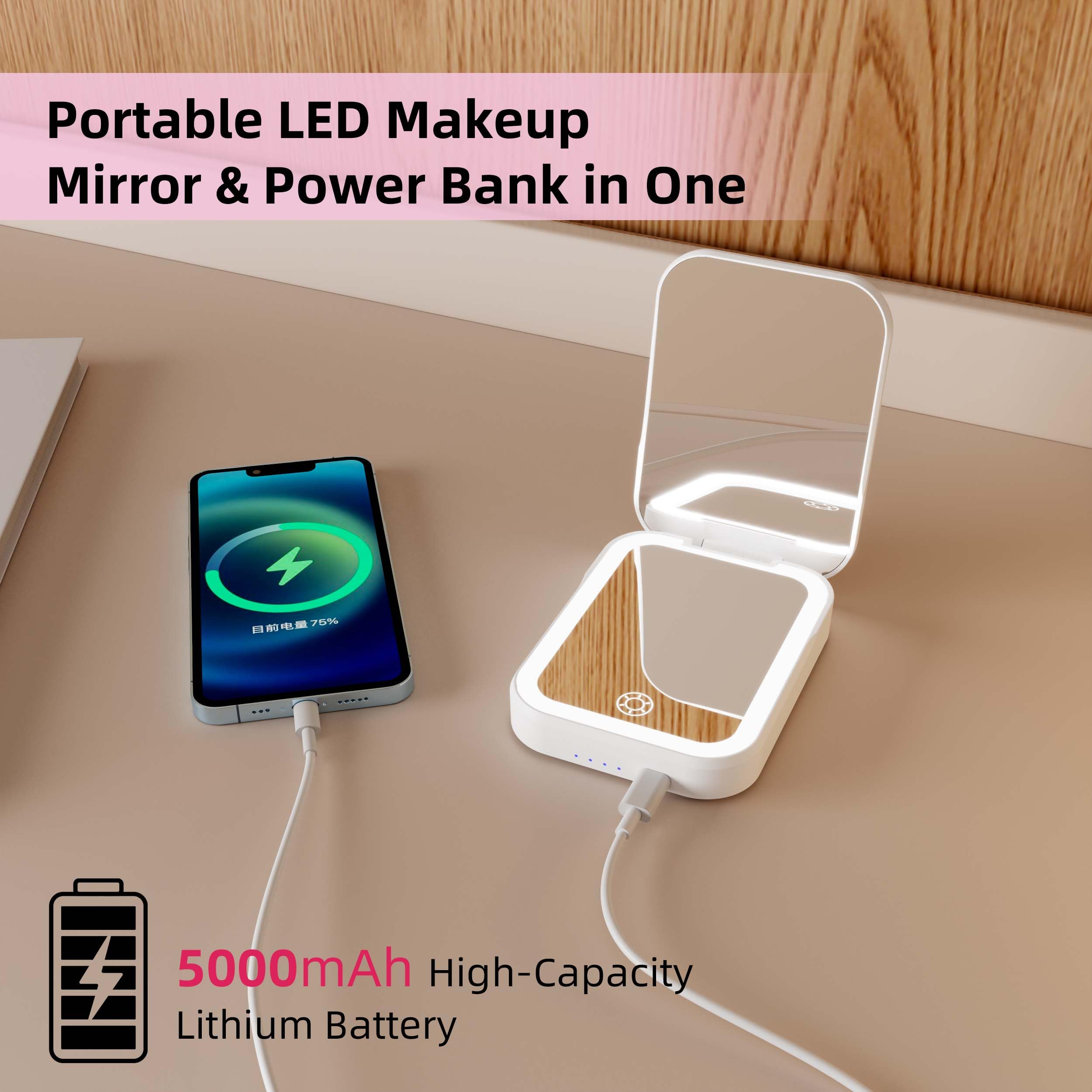 Specchio cosmetico con illuminazione a LED, specchio da trucco senza fili con power bank 5000 mAh, specchio da trucco ricaricabile 2 in 1, portatile per casa e viaggio