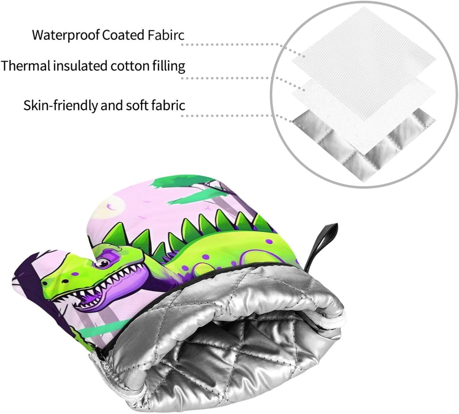 Green dinosaur Oven gloves and heat-resistant mat 4-piece set. Suitable for grilling, microwave oven frying, and baking