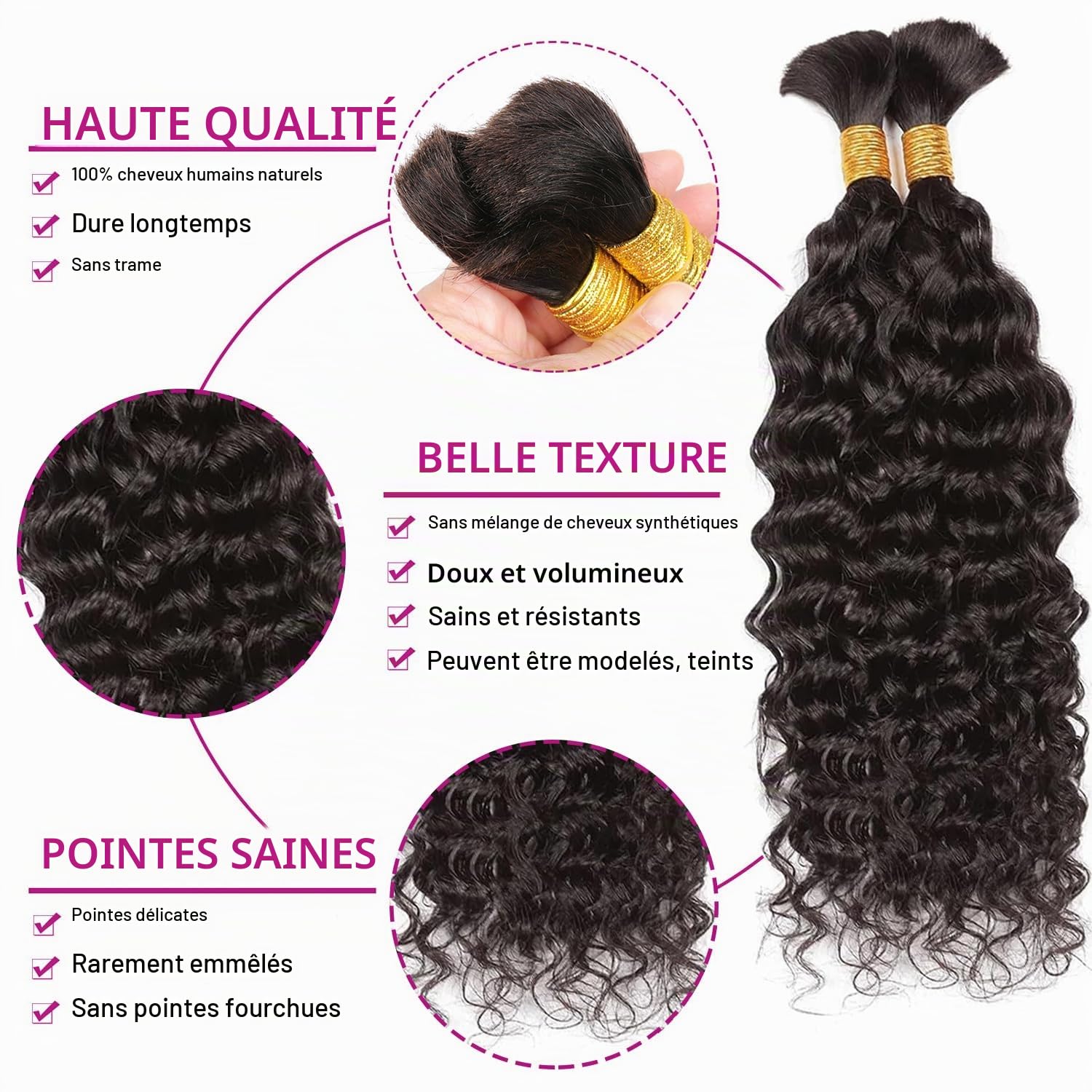 Lot de 2 extensions de cheveux humains ondulés pour tresser - 100 g - 100 % cheveux humains brésiliens non transformés - Sans trame - Couleur naturelle - 35,6 cm - 100 g