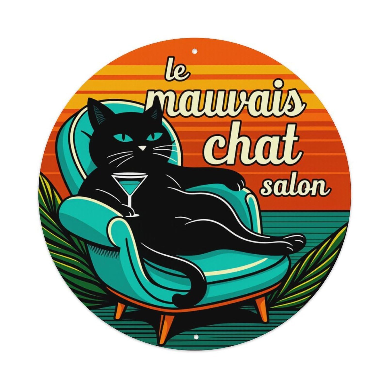 Black Cat Martini Chair Sunset Round Tin Sign Vintage Style Metal Sign Home Bar Garden Wall Plaque Decor Metal Poster 8x8 Inch