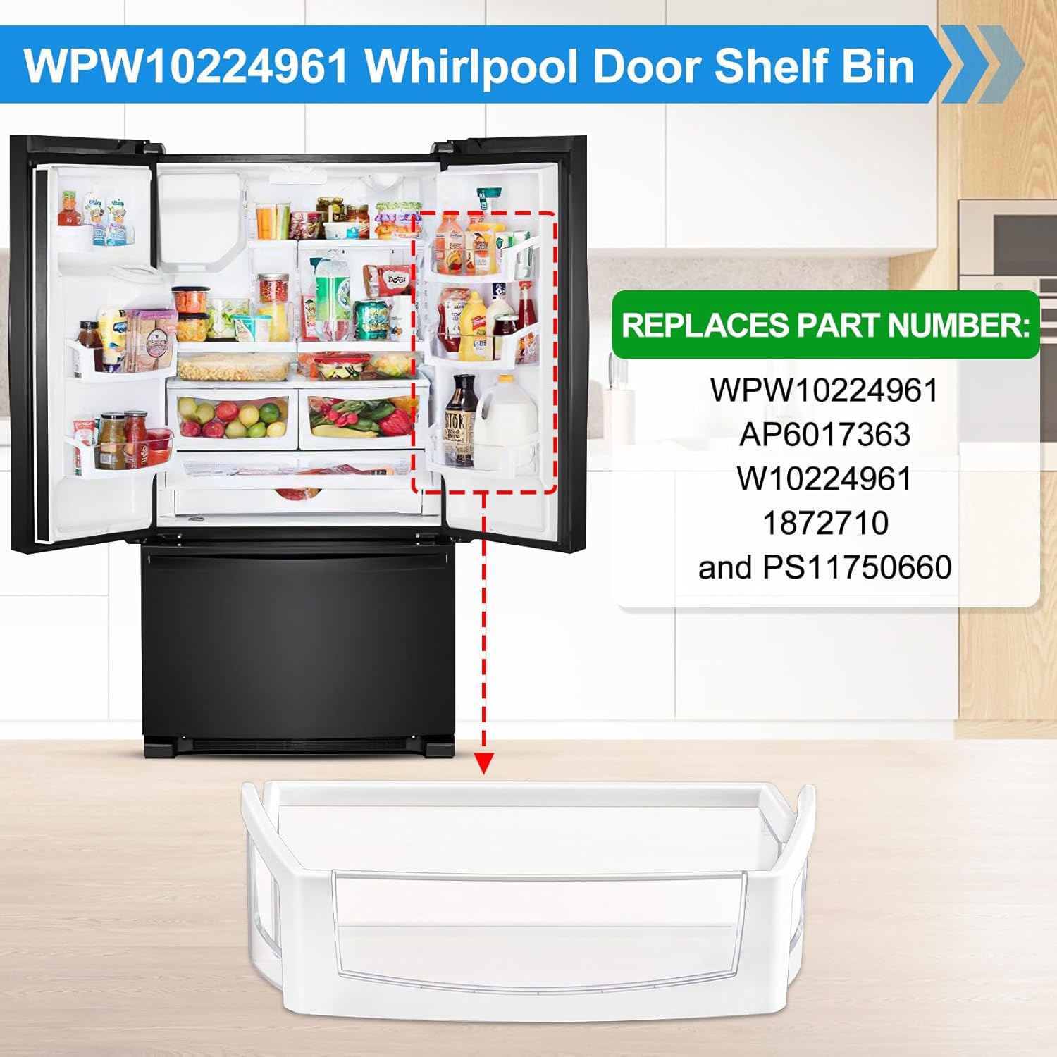 YEECHUN Upgraded WPW10224961 Refrigerator Door Bin Shelf Replacement, Compatible with Kenmore Whirlpool Refrigerator Door Shelf W10224961, AP6017170, WRX735SDBM, WRF555SDH Fridge Shelves Bin Parts