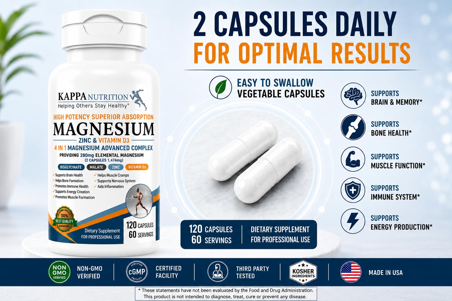 Kappa Nutrition Magnesium 4-in-1, 280mg Elemental Magnesium (Bisglycinate, Malate) + Zinc & Vitamin D3, Brain, Sleep, Energy, Muscle, Immune Support, 60 Vegan Capsules. — Amazon image 7