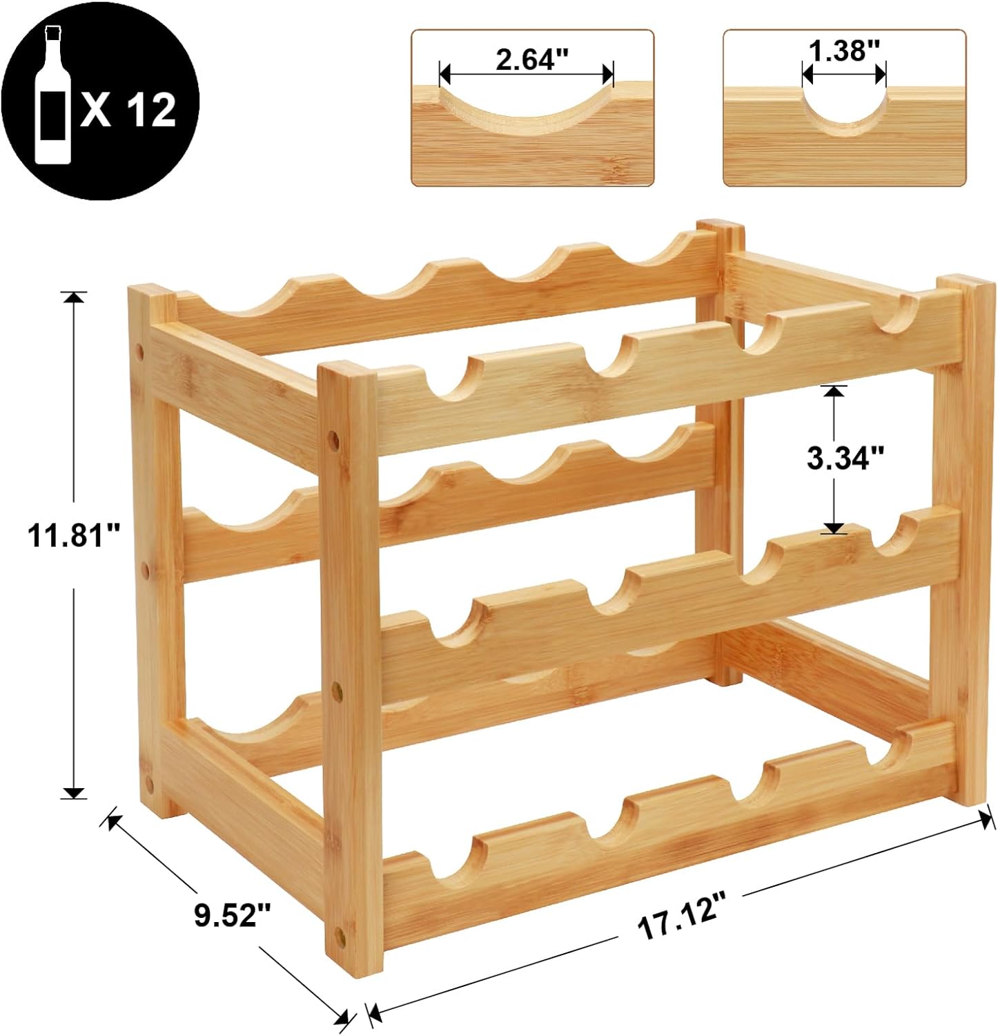 Bamboo Wine Rack, 3-Tier 12 Bottles Wine Storage Cabinet Shelf, Easy-Assembly Freestanding Bamboo Wine Racks Countertop for Kitchen Pantry Dining Room Bar, Natural
