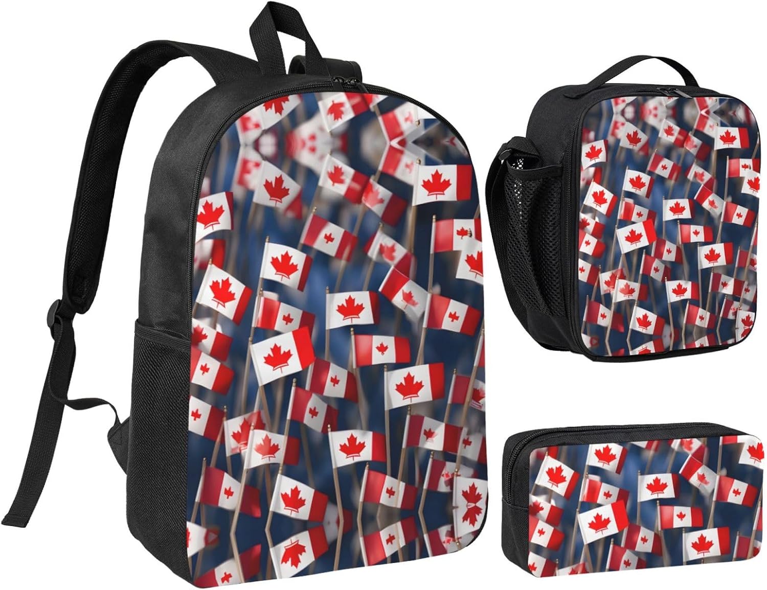 many small canadian flags print 3 Piece Backpack Bags with Lunch Box Pencil Case Set for Travel Work Camping Unisex