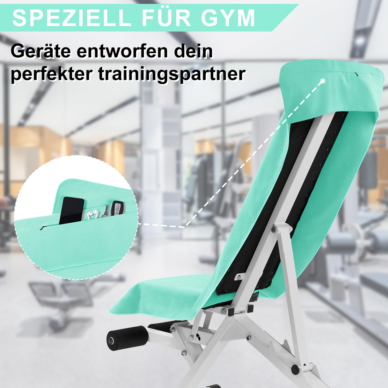 Pameil Asciugamano fitness con tasca con chiusura lampo, 120 x 50 cm, asciugamano in microfibra, compatto e ad asciugatura rapida, asciugamano sportivo da palestra (verde erba)