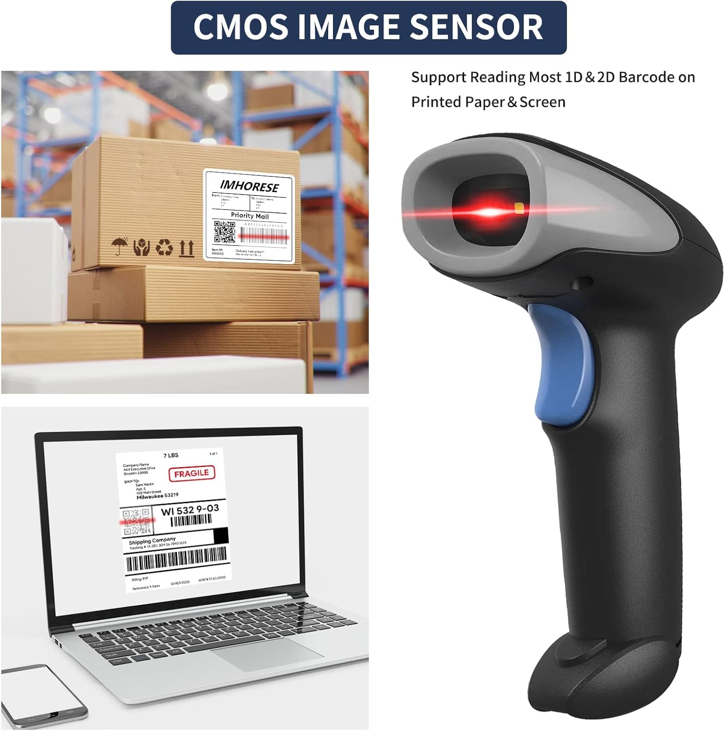 IMHORESE Wireless Barcode Scanner Bluetooth, 2D QR Code Scanner Handheld PDF417 DataMatrix Bar