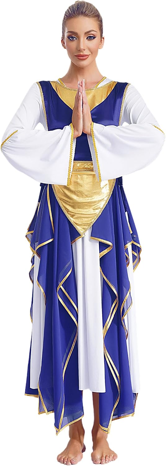 Liturgical Praise Dance Dress for Women Gold Trim Long Sleeve Dress with Sides Split Irregular Tunic