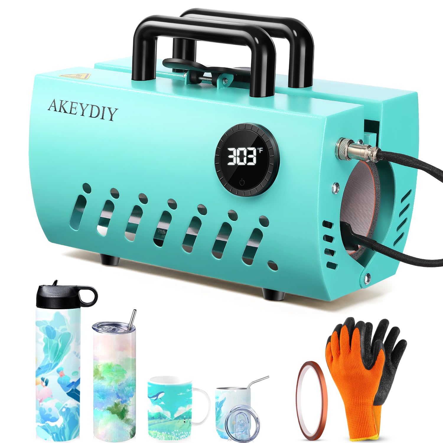 AKEYDIY Portable Tumbler Heat Press Machine, Mug Press Sublimation Transfer 11-30oz Straight Skinny Tumblers, DIY 15oz 16oz Coffee/Ceramic Mugs Cups Glasses, with Gloves, Tape & Sublimation Paper