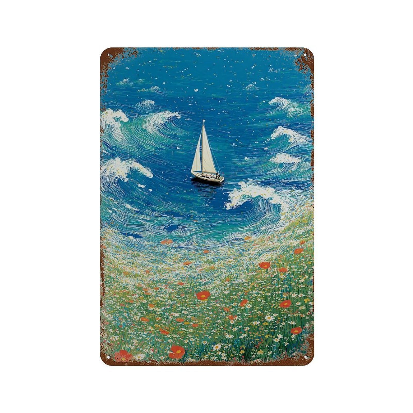 xiaoxiaoshen Sailboat Seascape Blue Coastal Ocean Landscape Bright Nature Modern Impressionis Wall Decor Art Metal Tin Poster Modern Home Decor Art Home Bar Shop Decorations Vintage Sign 30x20cm