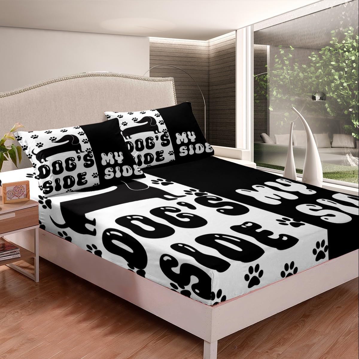 Cute Dog Paws Print Kids Fitted Sheet Queen Size,Cartoon Dachshund Puppy Animal Pet Bedding Set,Boys Girls Room Decor,Dog Side My Side Bed Cover,Black White Bed Sheet,2 Pillowcases(No Top Sheet)